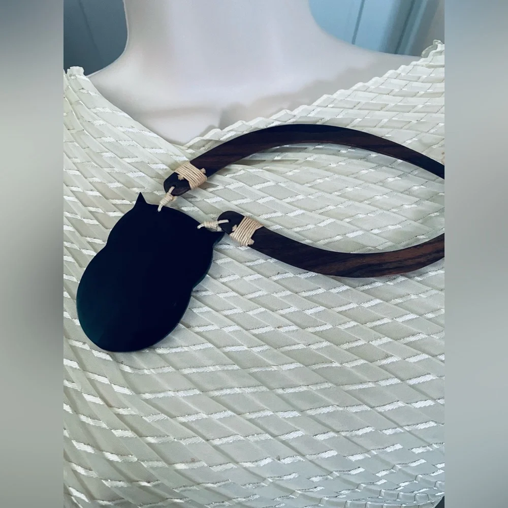 Owl Pendant Necklace with wood and shells Accents - Picture 3 of 9